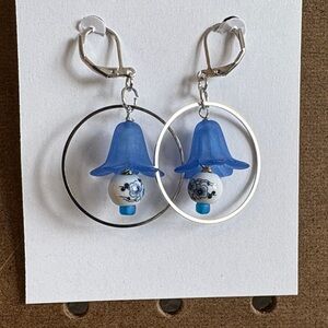 Hand Crafted Blue Bell Hoop Earrings with Floral Bead